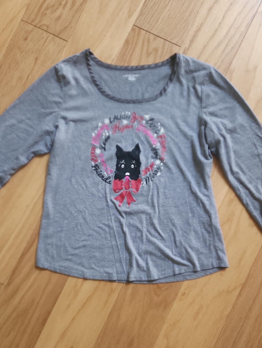 Laura Scott Gray Long-Sleeve Tee with Black Dog and Pink Bow